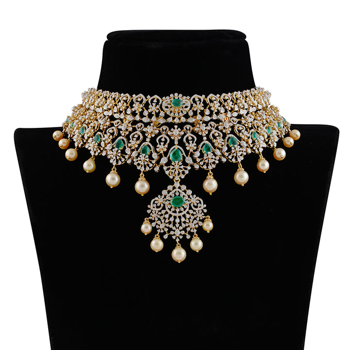 Diamond Emerald Pearl Choker Necklace - Krishna Jewellers Pearls and Gems