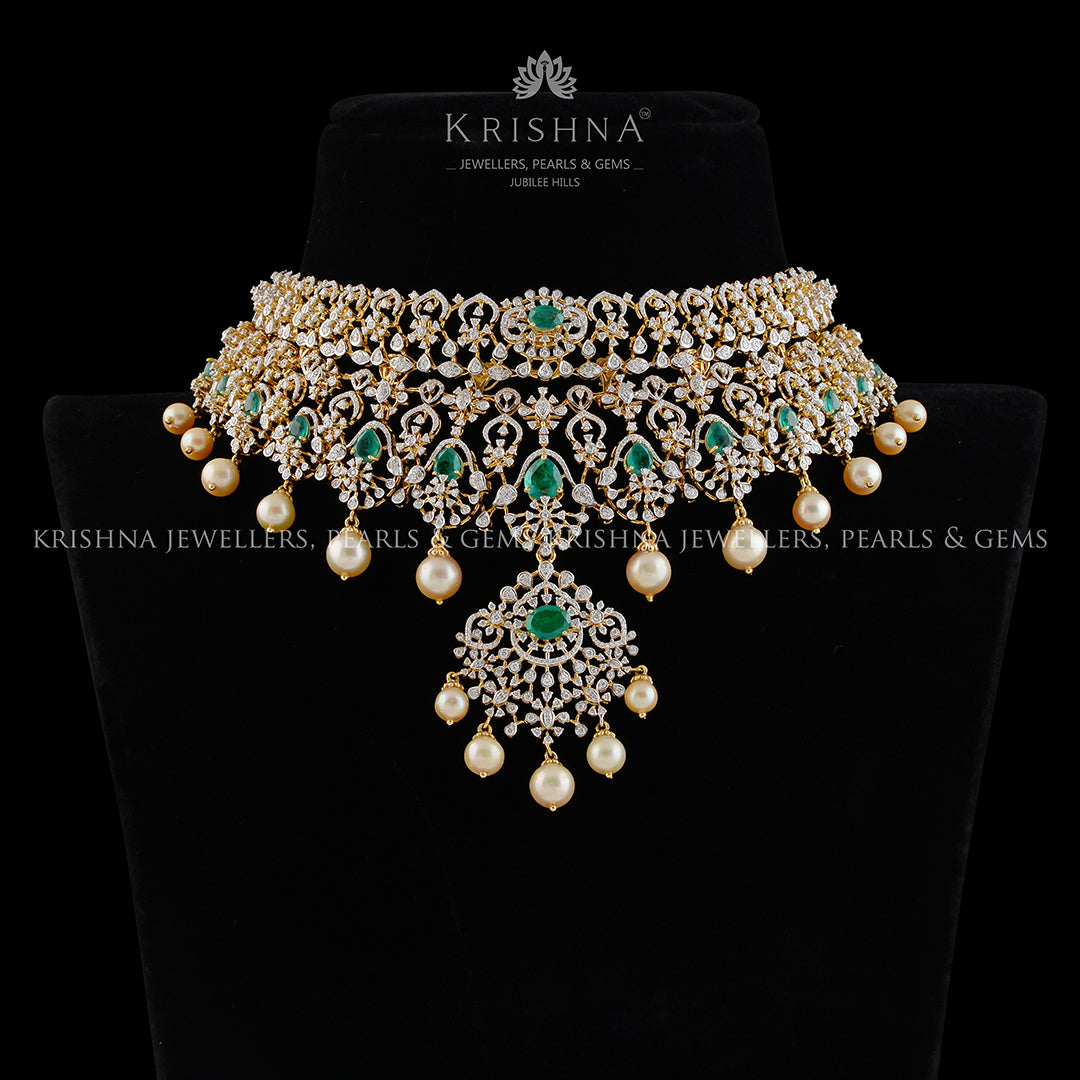Diamond Emerald Pearl Choker Necklace - Krishna Jewellers Pearls and Gems