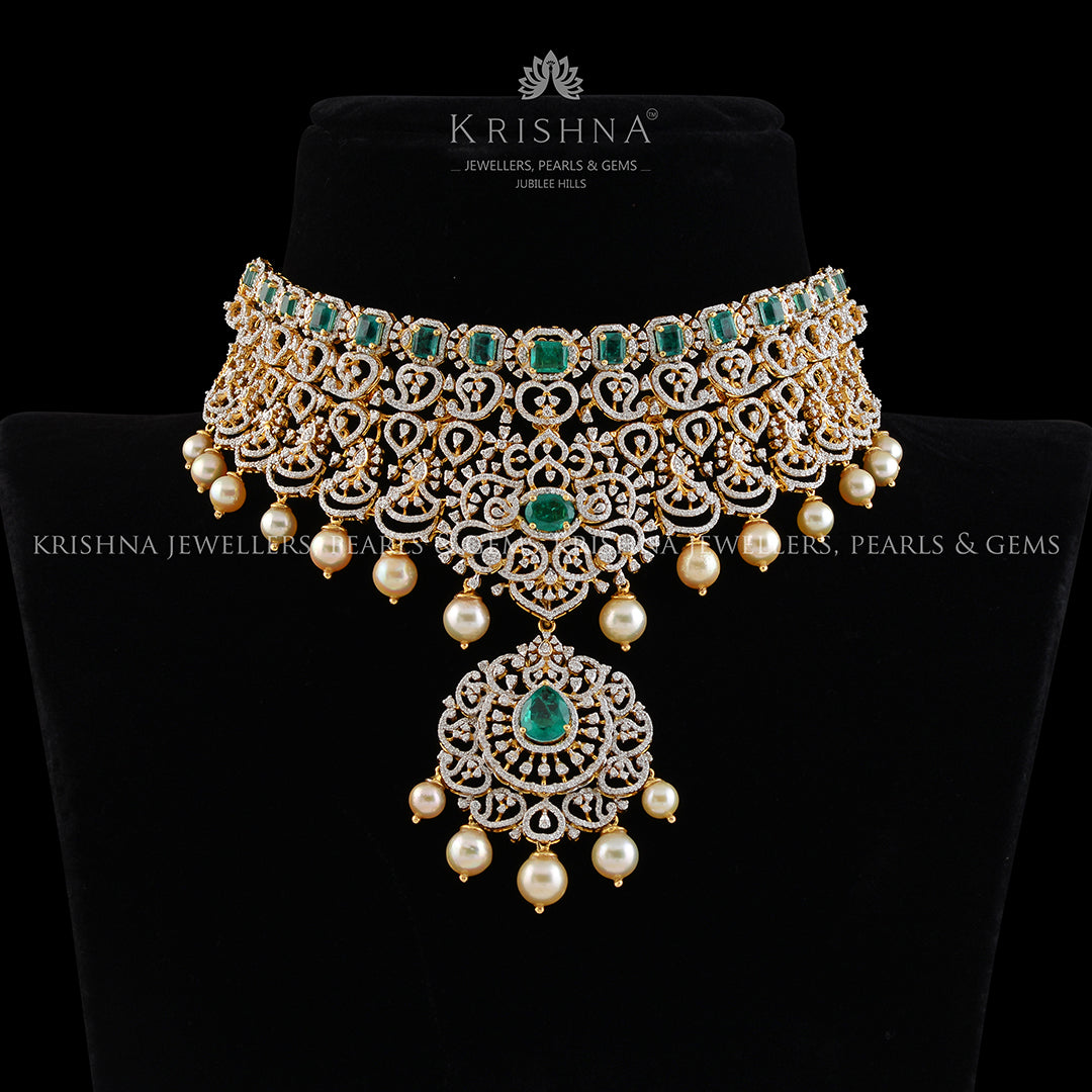 Broad diamond choker necklace - Krishna Jewellers Pearls and Gems