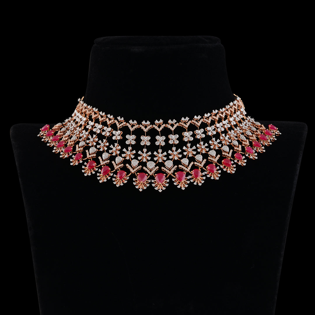 Flower pattern diamond ruby choker - Krishna Jewellers Pearls and Gems