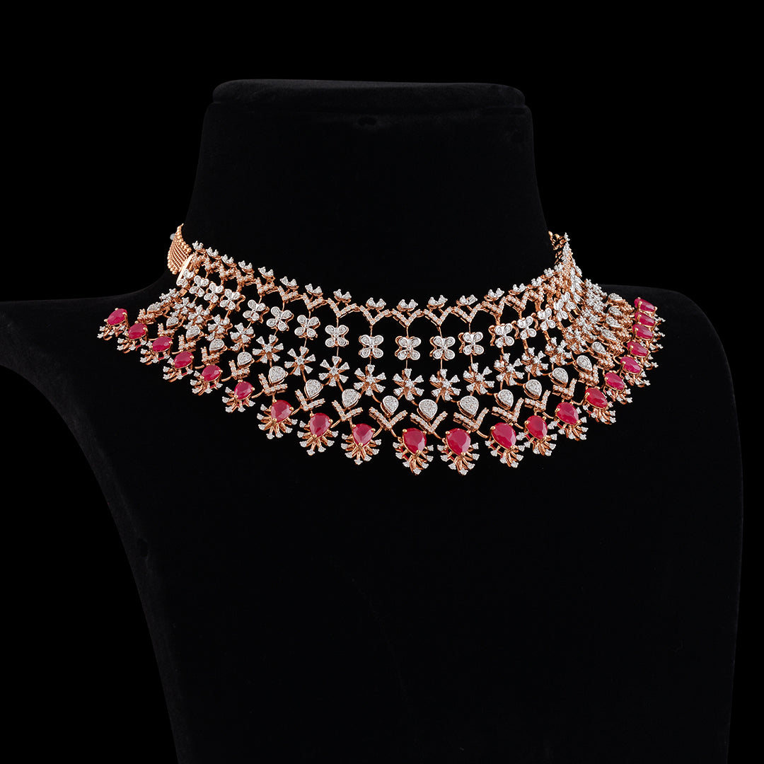 Flower pattern diamond ruby choker - Krishna Jewellers Pearls and Gems
