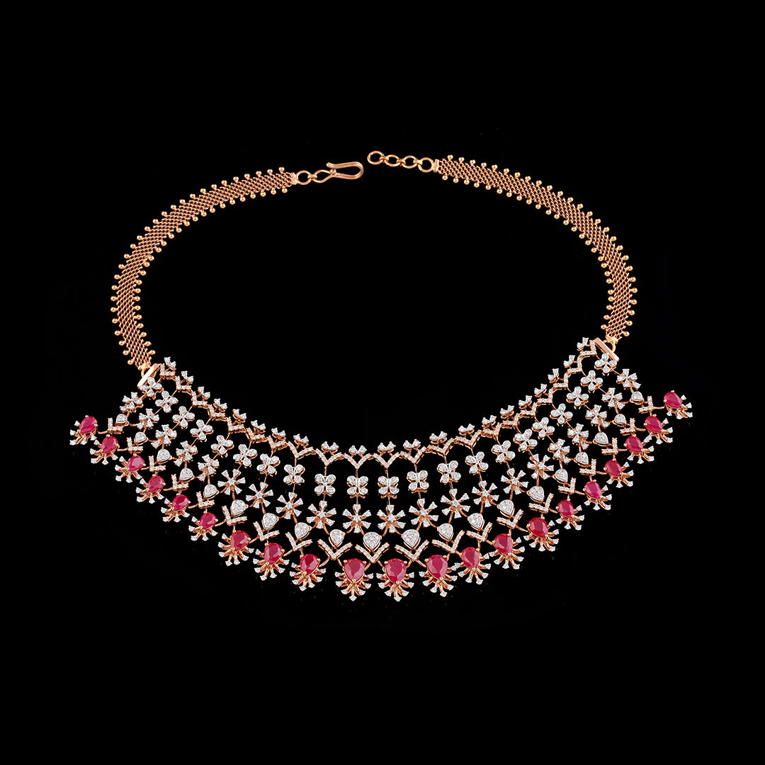 Flower pattern diamond ruby choker - Krishna Jewellers Pearls and Gems