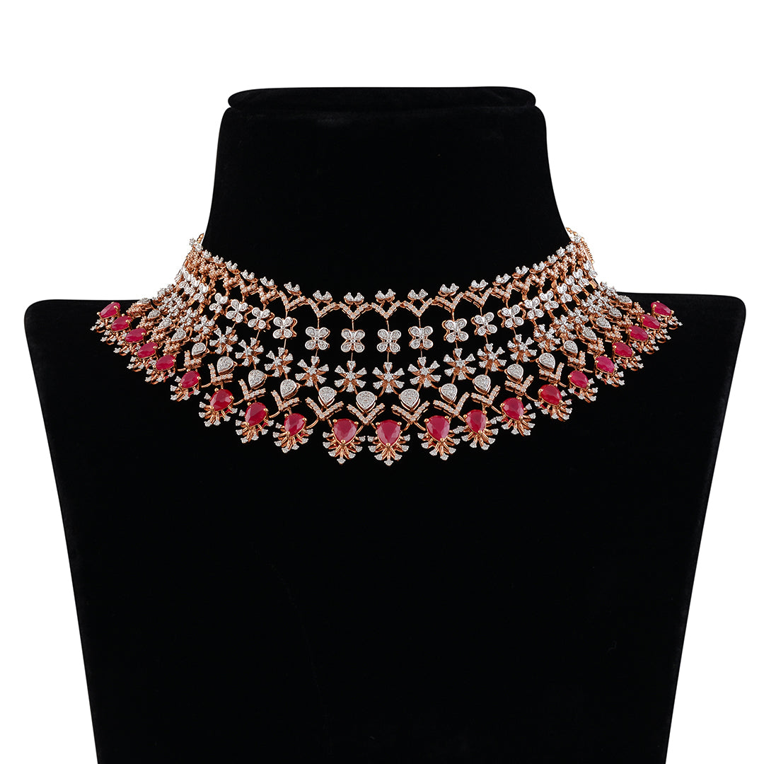 Flower pattern diamond ruby choker - Krishna Jewellers Pearls and Gems
