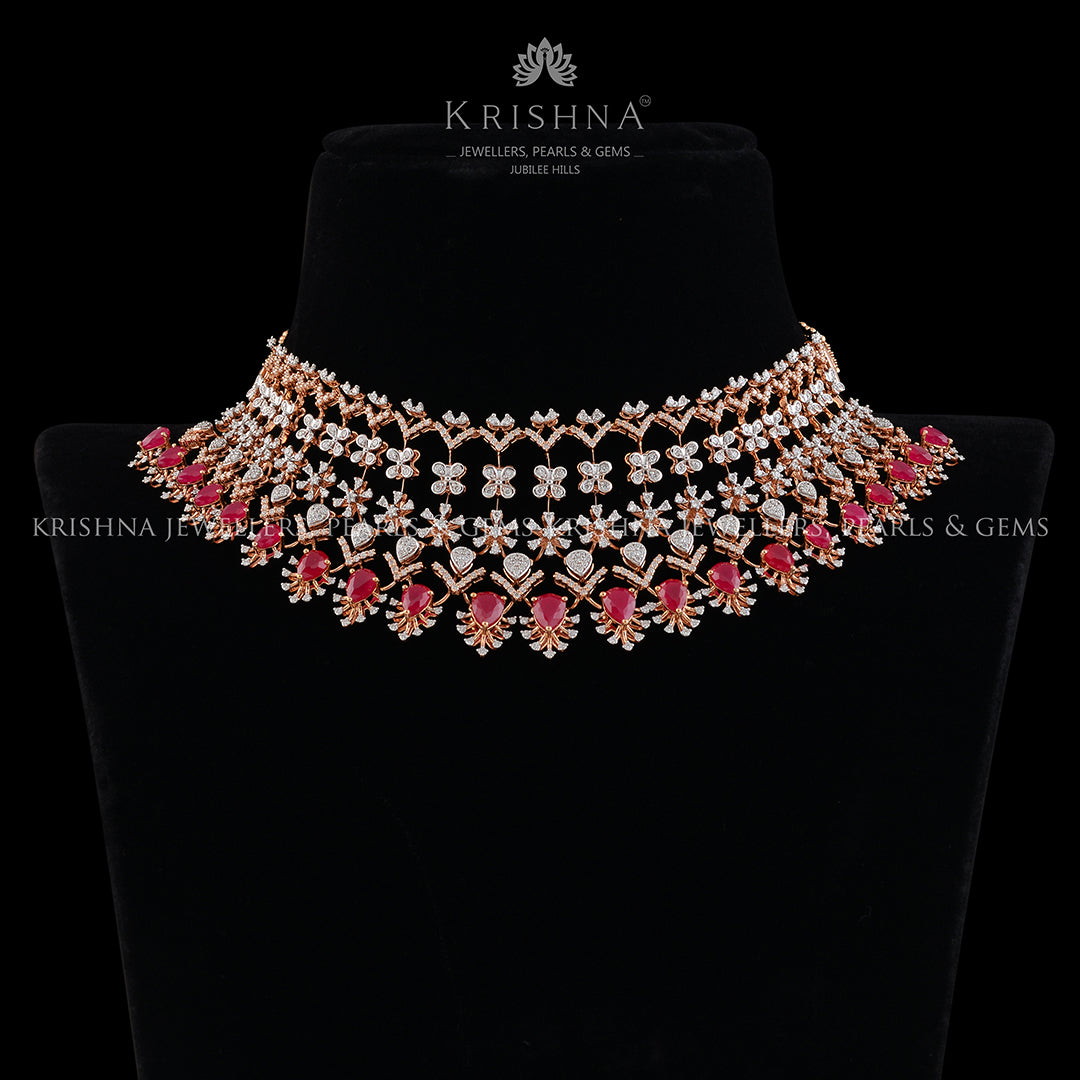 Flower pattern diamond ruby choker - Krishna Jewellers Pearls and Gems