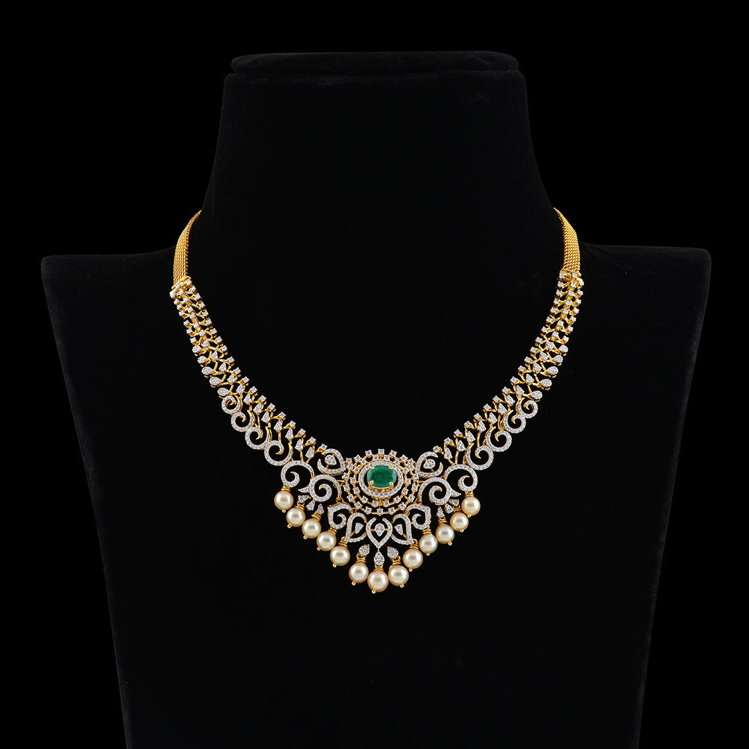 Diamond Emerald Pearl short necklace - Krishna Jewellers Pearls and Gems