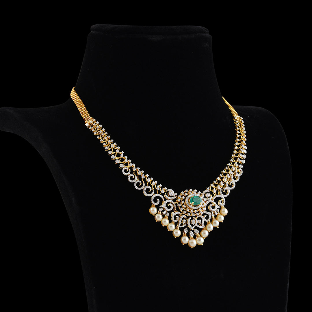 Diamond Emerald Pearl short necklace - Krishna Jewellers Pearls and Gems
