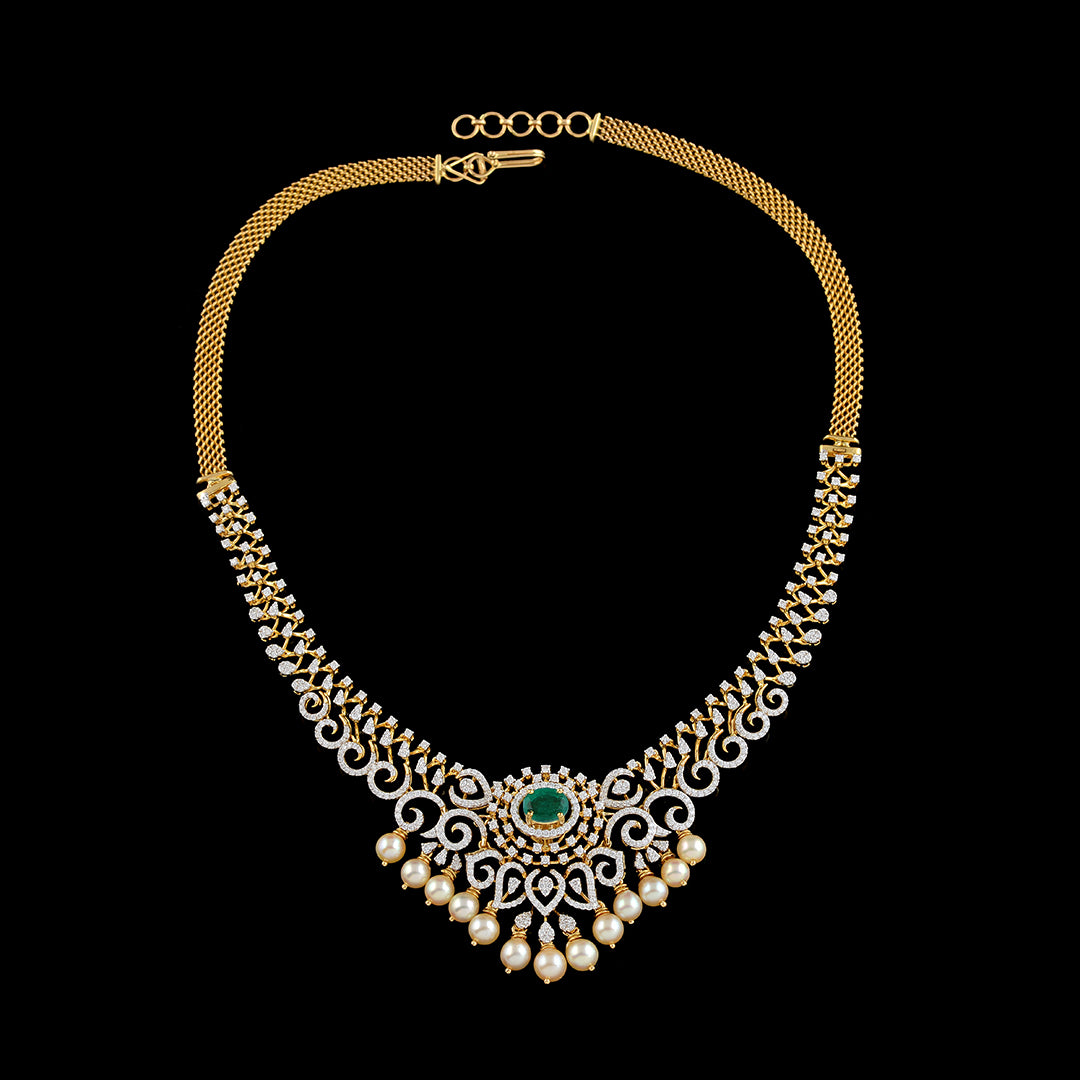 Diamond Emerald Pearl short necklace - Krishna Jewellers Pearls and Gems