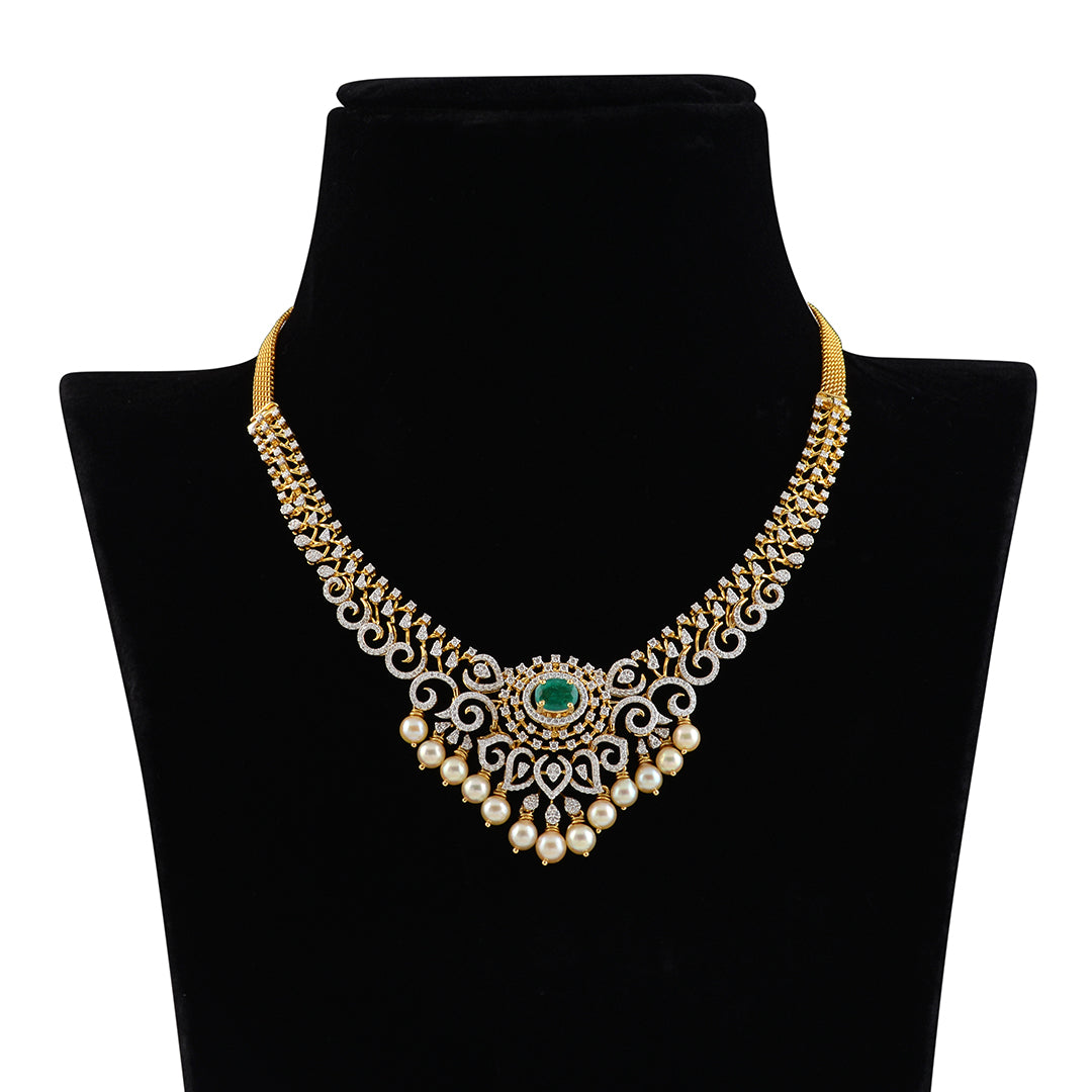 Diamond Emerald Pearl short necklace - Krishna Jewellers Pearls and Gems