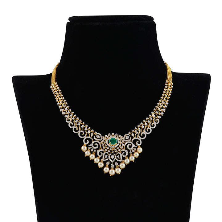 Diamond Emerald Pearl short necklace - Krishna Jewellers Pearls and Gems