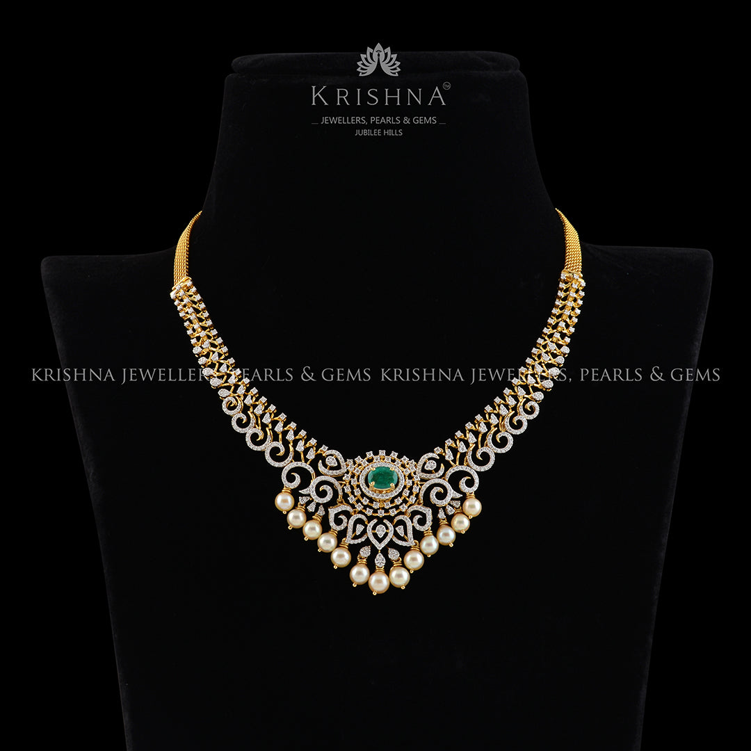 Diamond Emerald Pearl short necklace - Krishna Jewellers Pearls and Gems