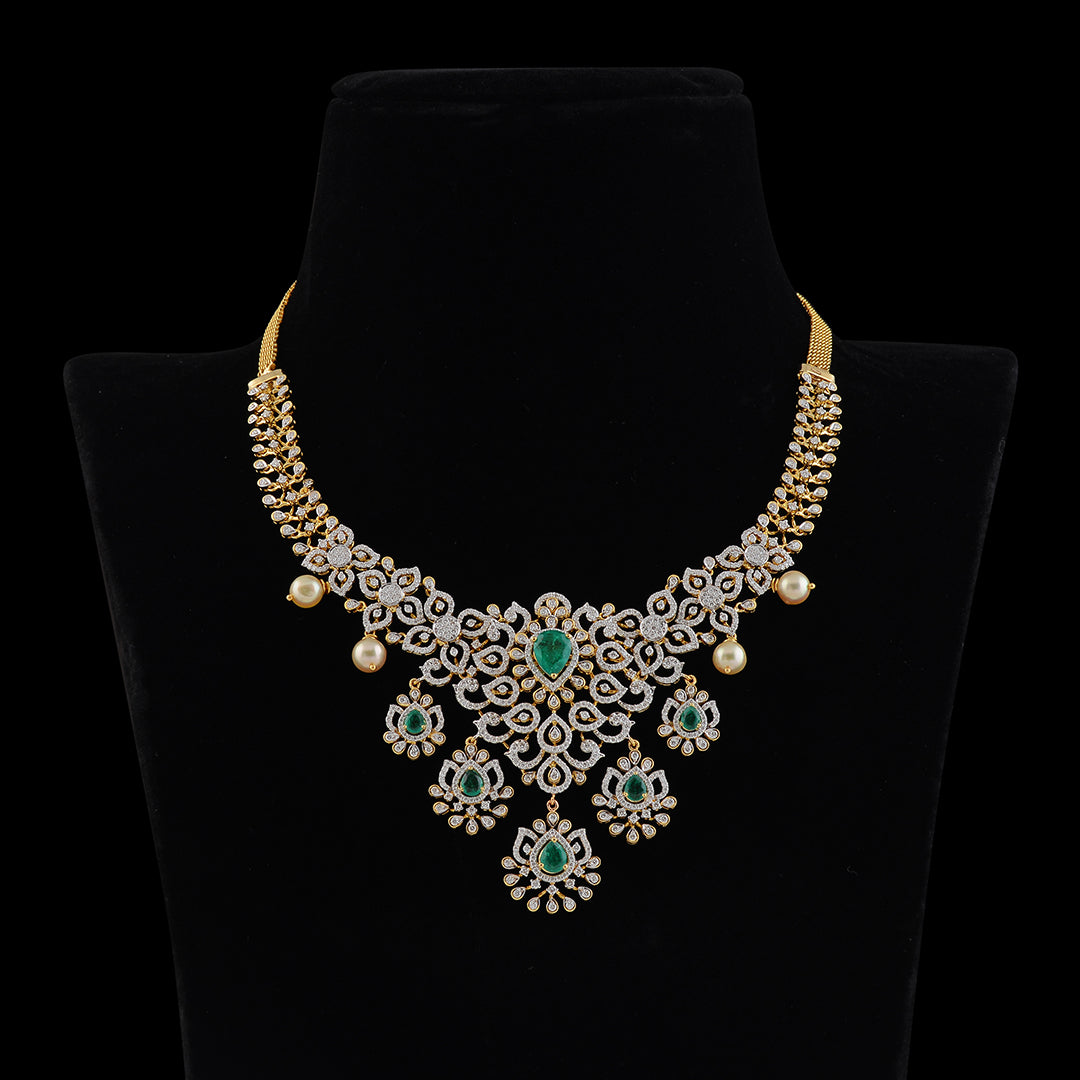 18k Diamond Emeralds and Pearls Necklace - Krishna Jewellers Pearls and Gems
