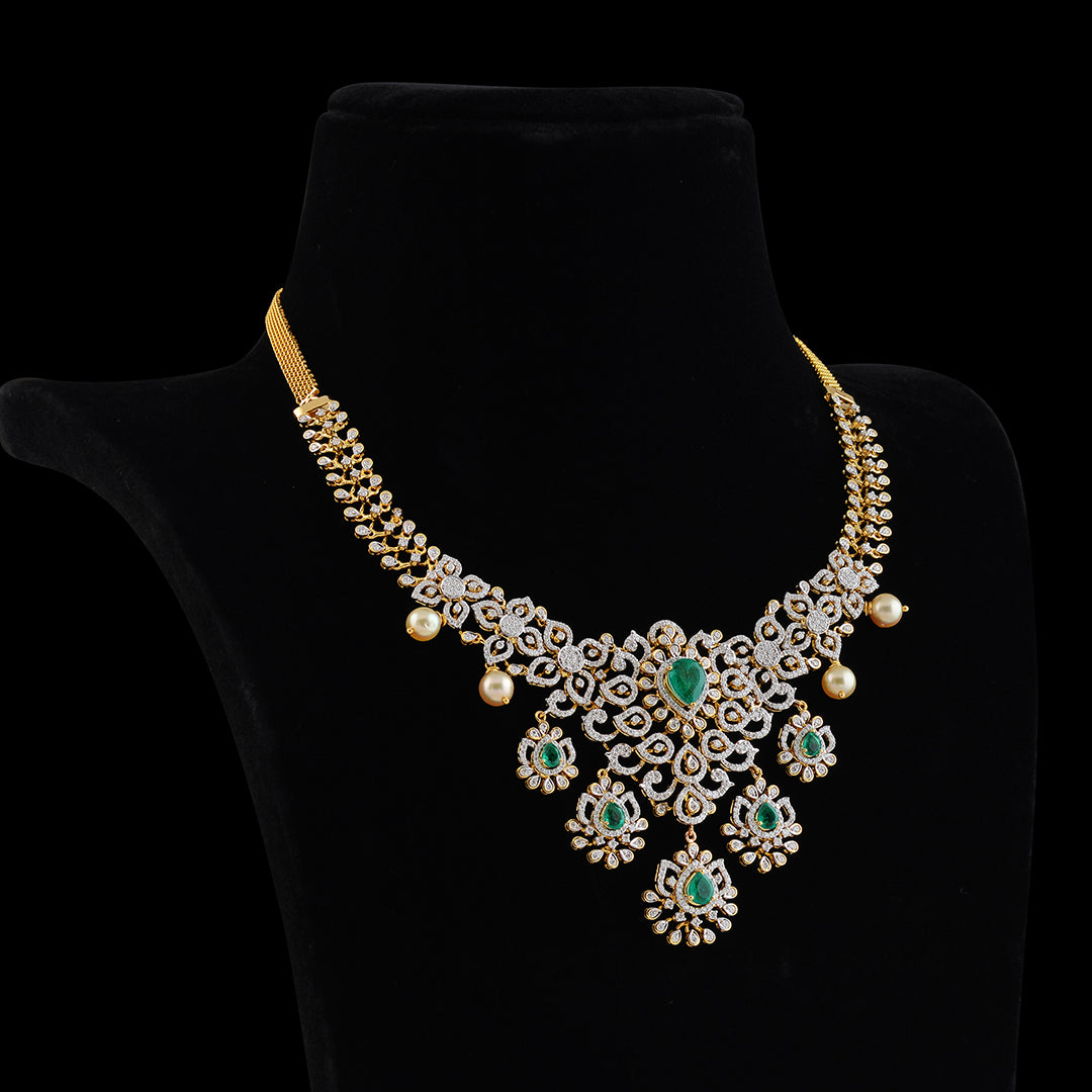 18k Diamond Emeralds and Pearls Necklace - Krishna Jewellers Pearls and Gems