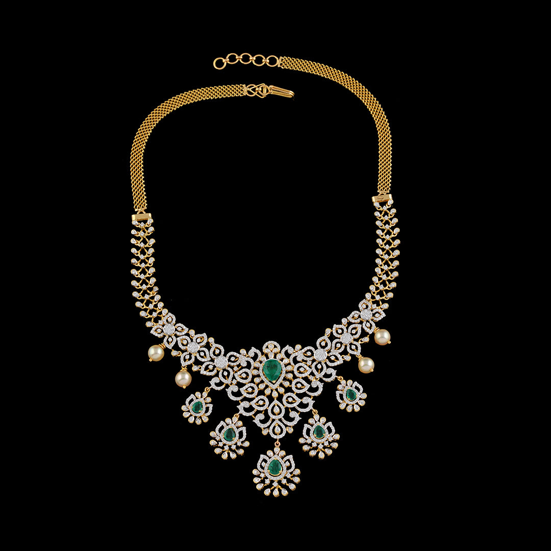 18k Diamond Emeralds and Pearls Necklace - Krishna Jewellers Pearls and Gems