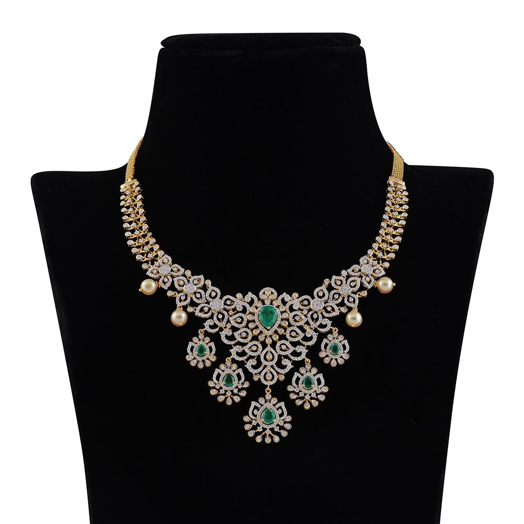 18k Diamond Emeralds and Pearls Necklace - Krishna Jewellers Pearls and Gems