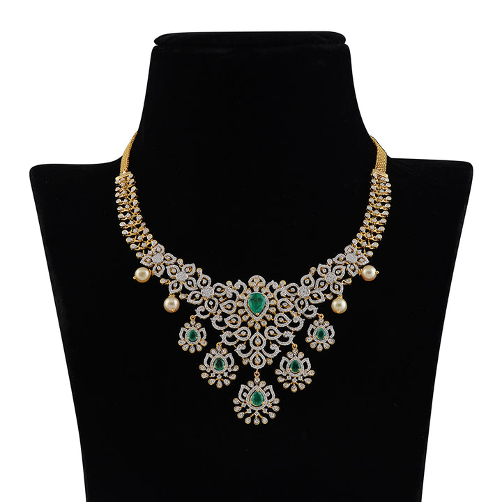18k Diamond Emeralds and Pearls Necklace - Krishna Jewellers Pearls and Gems