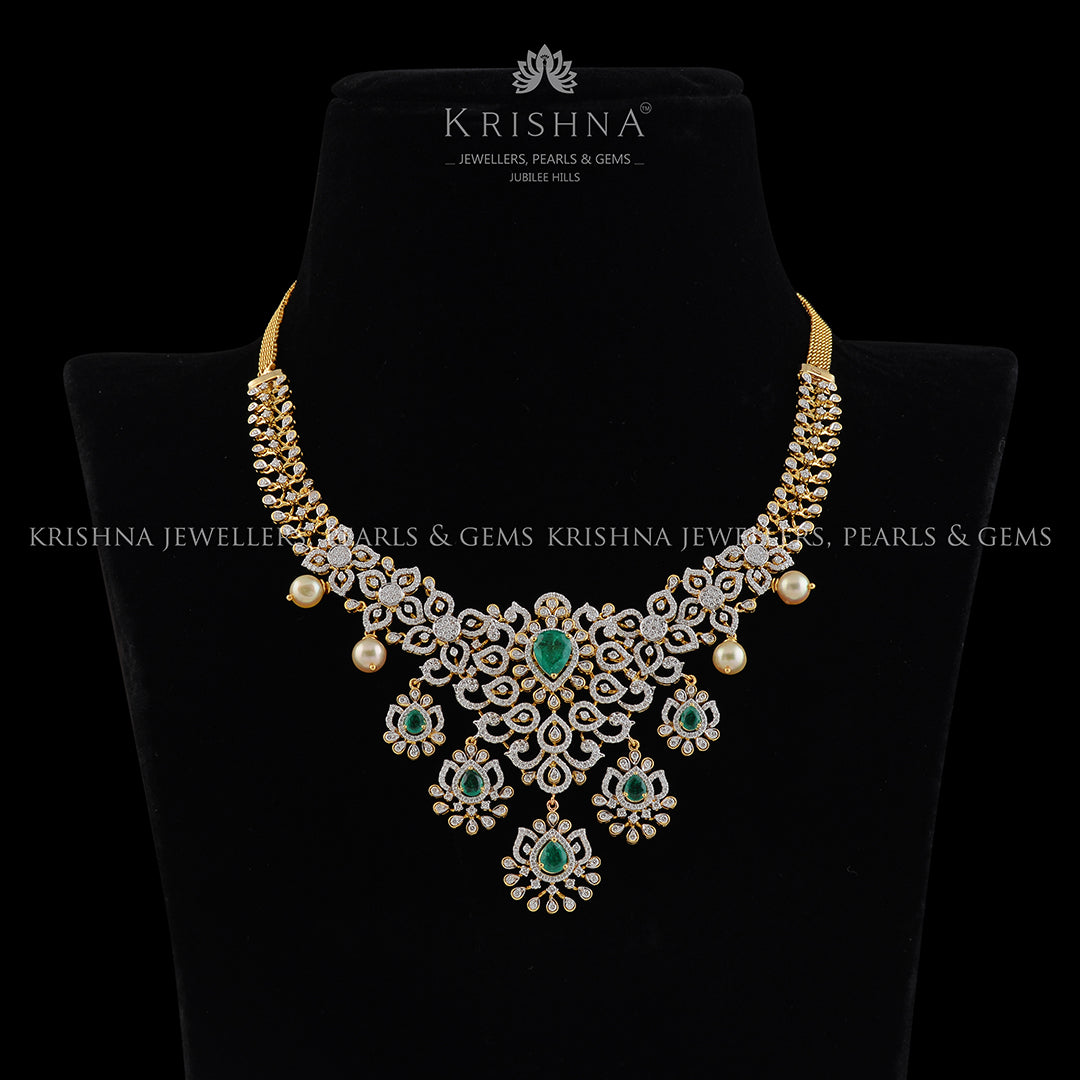 18k Diamond Emeralds and Pearls Necklace - Krishna Jewellers Pearls and Gems
