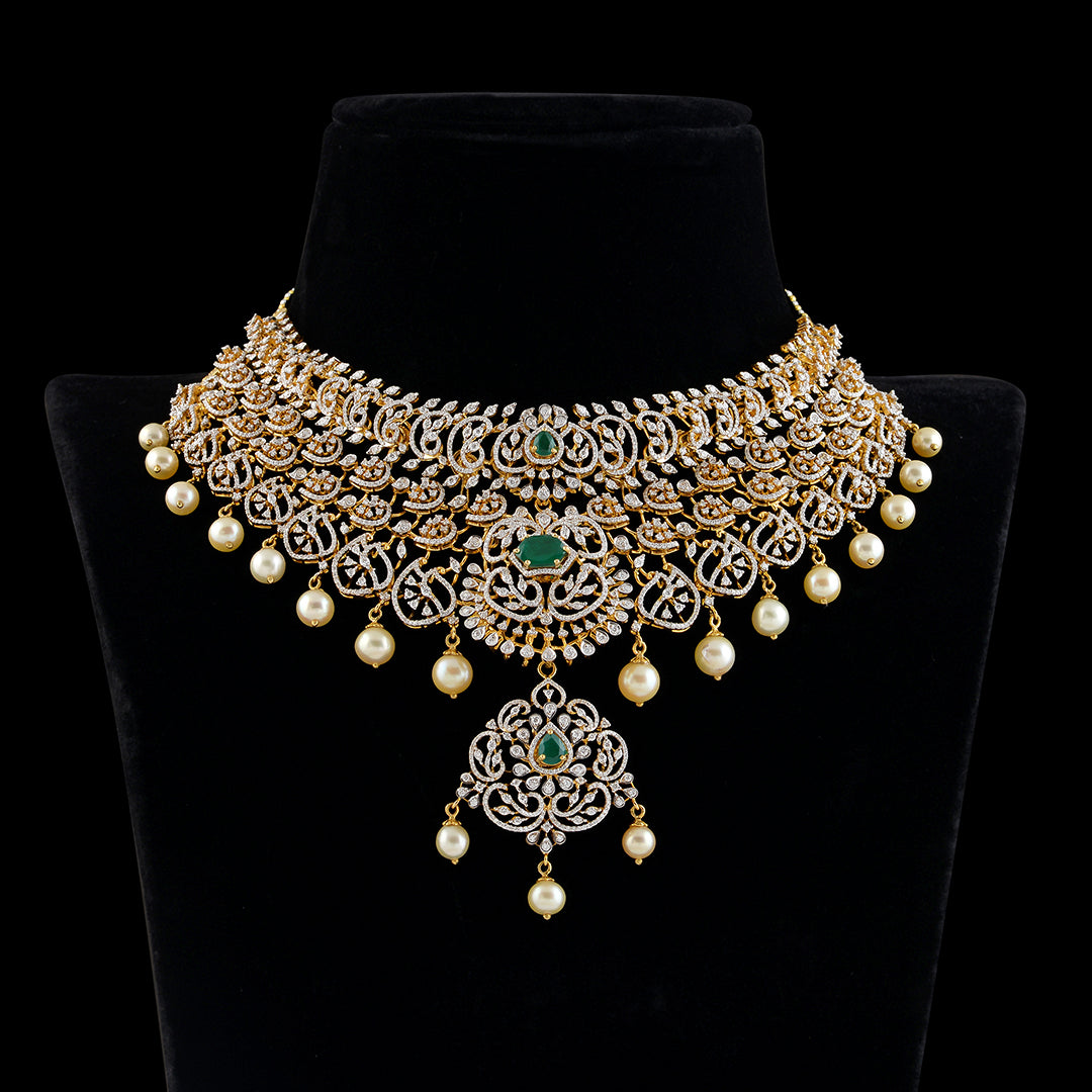 Diamond Emerald Choker with hanging pearls - Krishna Jewellers Pearls and Gems