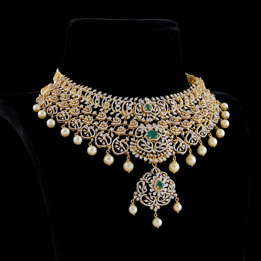Diamond Emerald Choker with hanging pearls - Krishna Jewellers Pearls and Gems