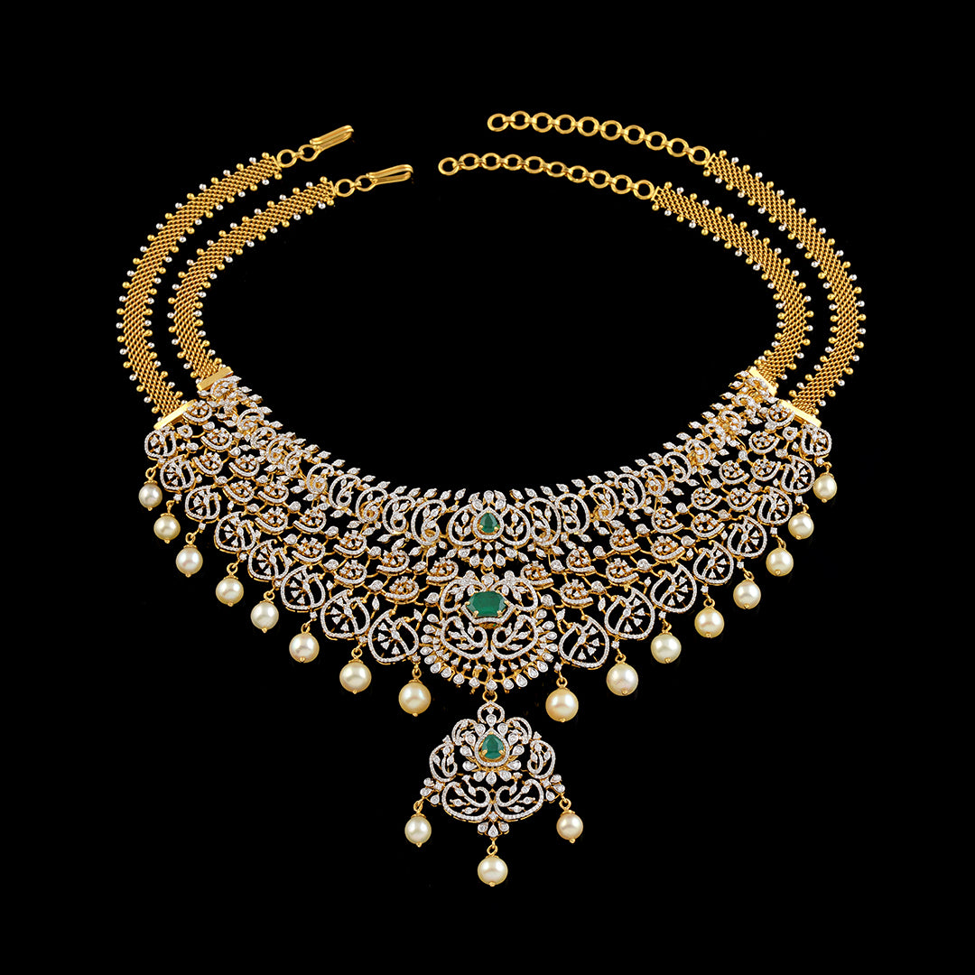 Diamond Emerald Choker with hanging pearls - Krishna Jewellers Pearls and Gems