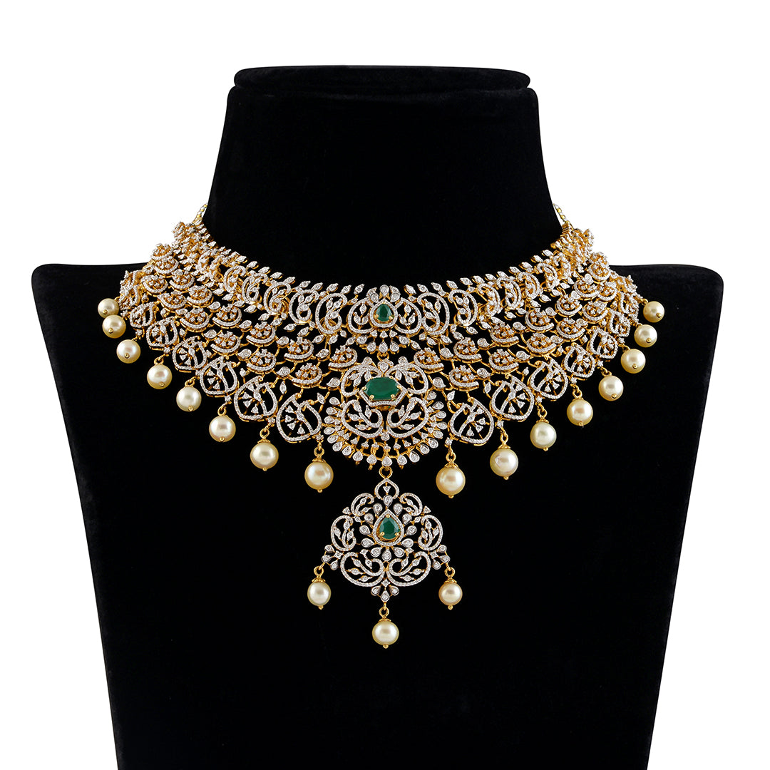 Diamond Emerald Choker with hanging pearls - Krishna Jewellers Pearls and Gems
