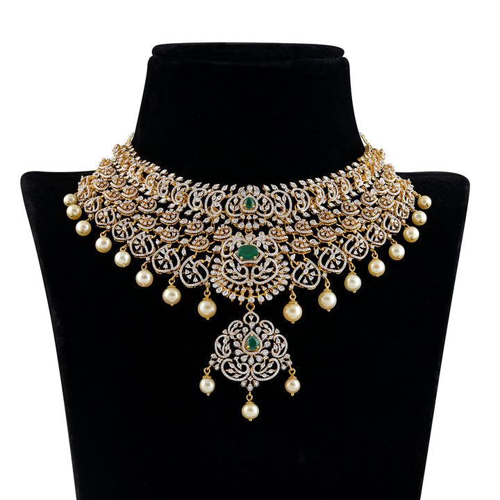 Diamond Emerald Choker with hanging pearls - Krishna Jewellers Pearls and Gems