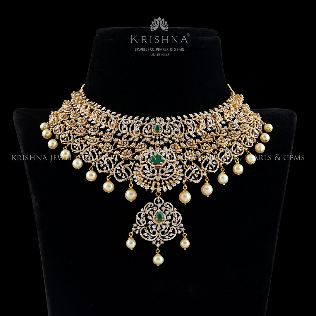 Diamond Emerald Choker with hanging pearls - Krishna Jewellers Pearls and Gems
