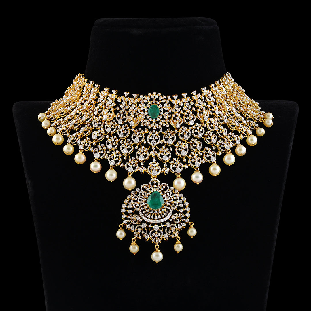 Diamond Broad Choker with hanging pearls - Krishna Jewellers Pearls and Gems