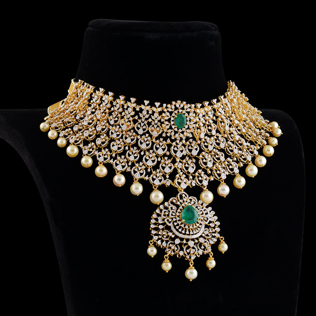 Diamond Broad Choker with hanging pearls - Krishna Jewellers Pearls and Gems