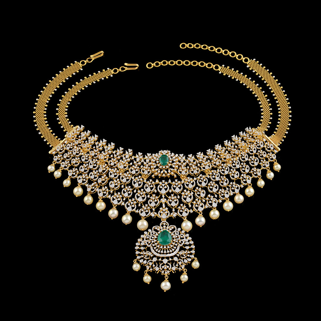 Diamond Broad Choker with hanging pearls - Krishna Jewellers Pearls and Gems