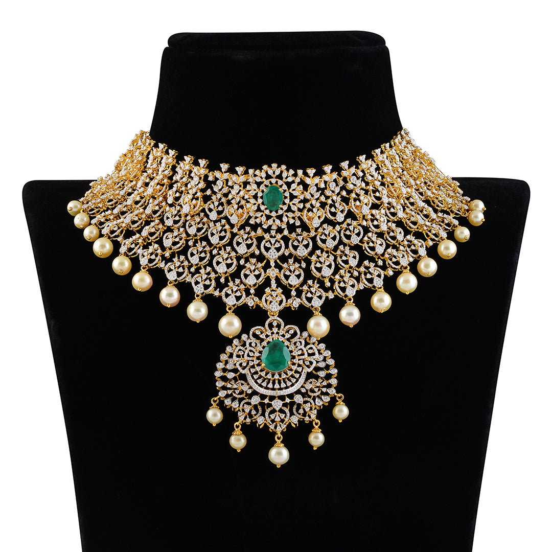 Diamond Broad Choker with hanging pearls - Krishna Jewellers Pearls and Gems