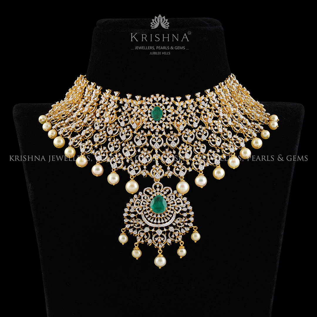 Diamond Broad Choker with hanging pearls - Krishna Jewellers Pearls and Gems