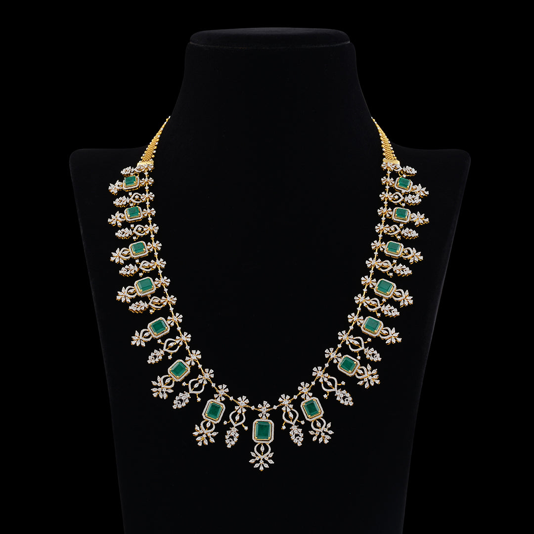 Diamond Emerald Square Shape Necklace - Krishna Jewellers Pearls and Gems