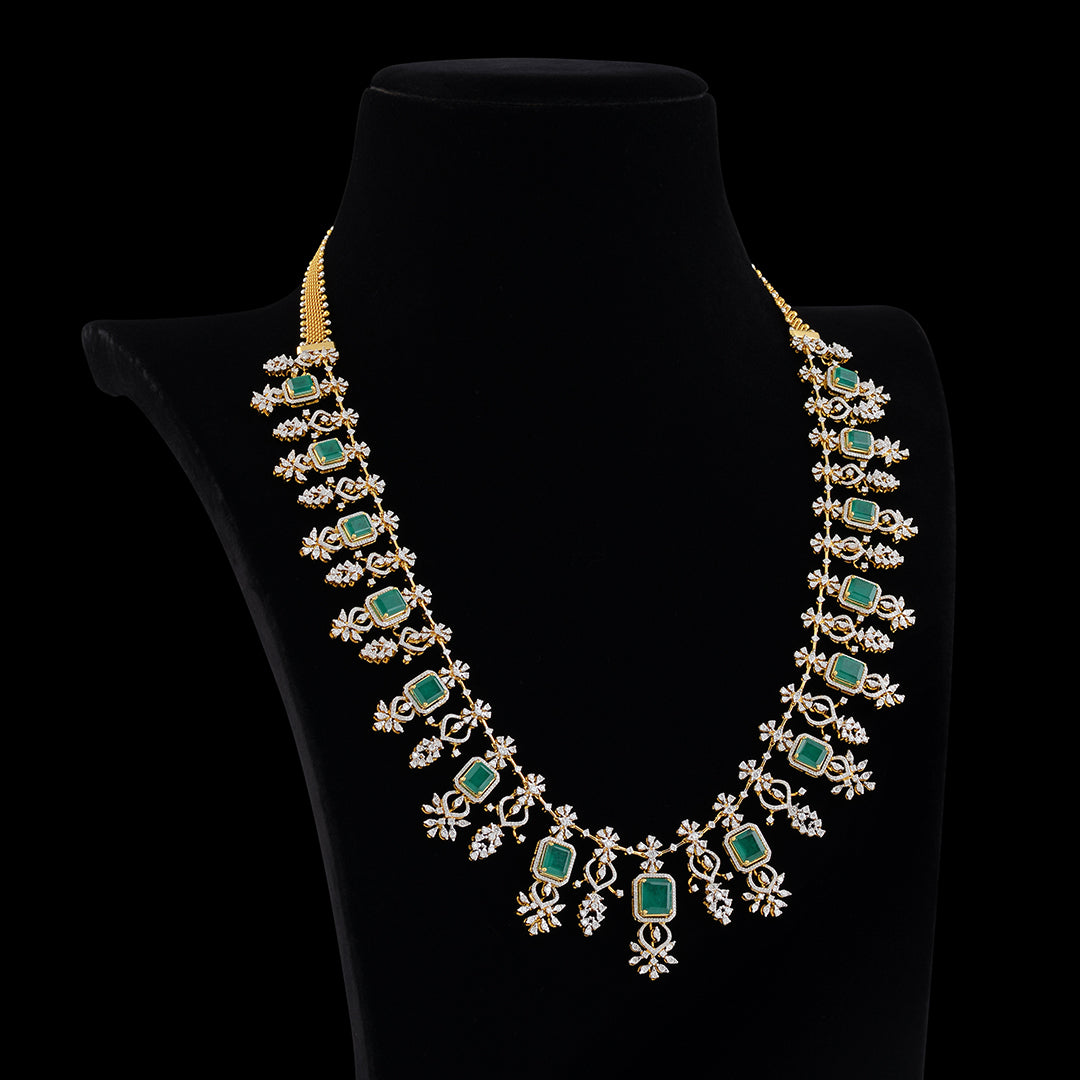 Diamond Emerald Square Shape Necklace - Krishna Jewellers Pearls and Gems