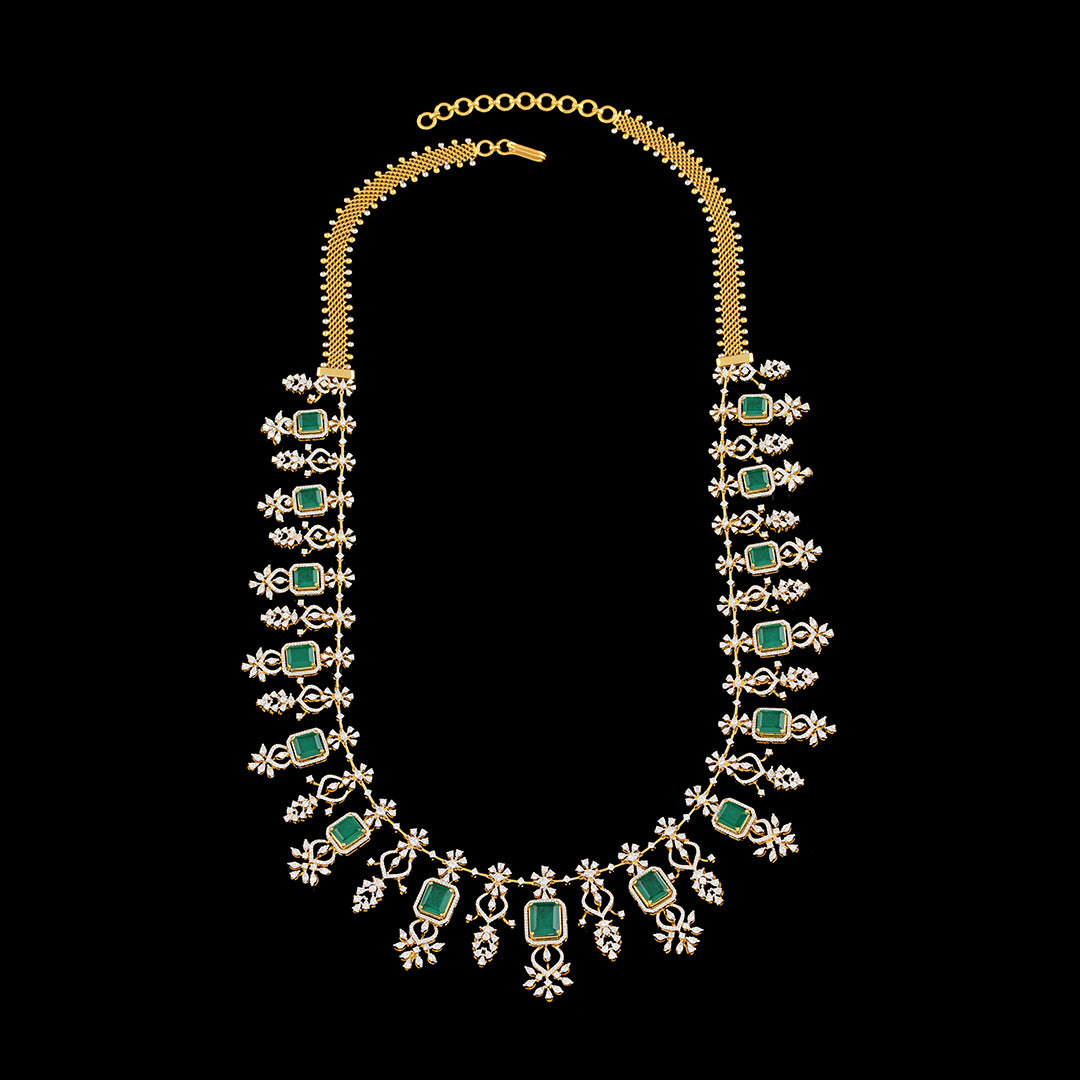 Diamond Emerald Square Shape Necklace - Krishna Jewellers Pearls and Gems