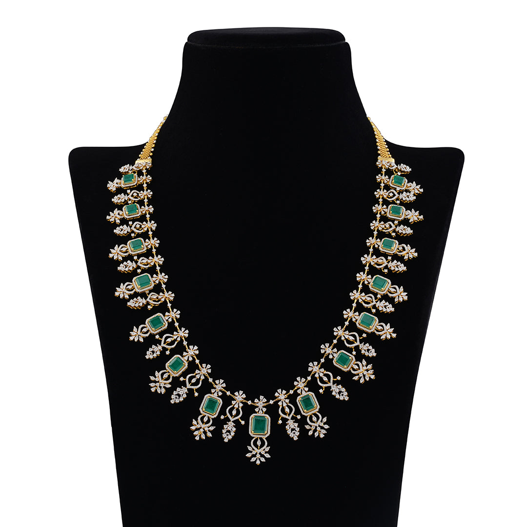 Diamond Emerald Square Shape Necklace - Krishna Jewellers Pearls and Gems