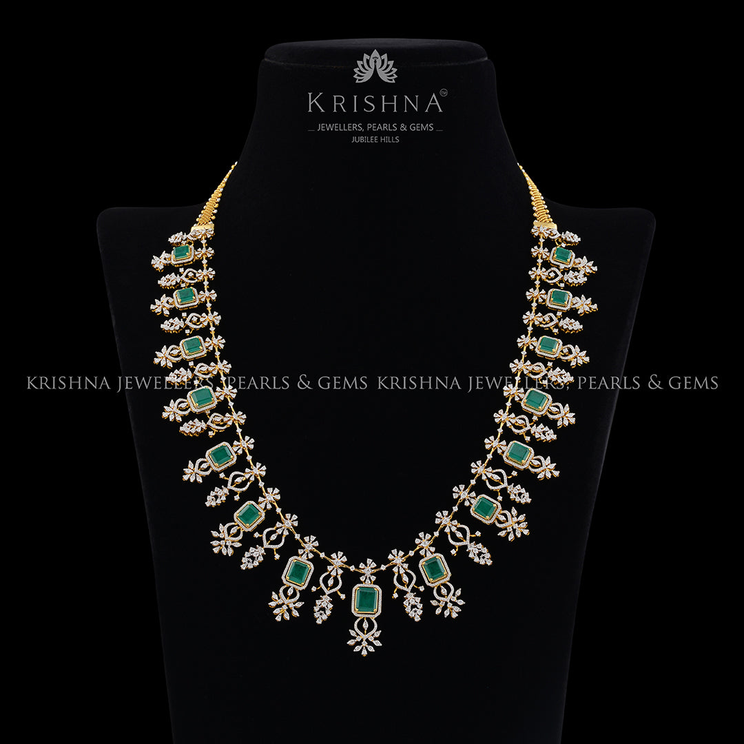 Diamond Emerald Square Shape Necklace - Krishna Jewellers Pearls and Gems
