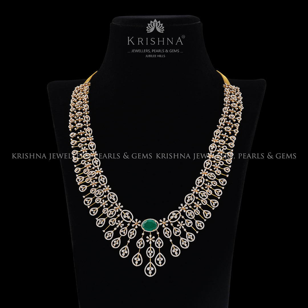 3 steps Diamond Long haram necklace - Krishna Jewellers Pearls and Gems