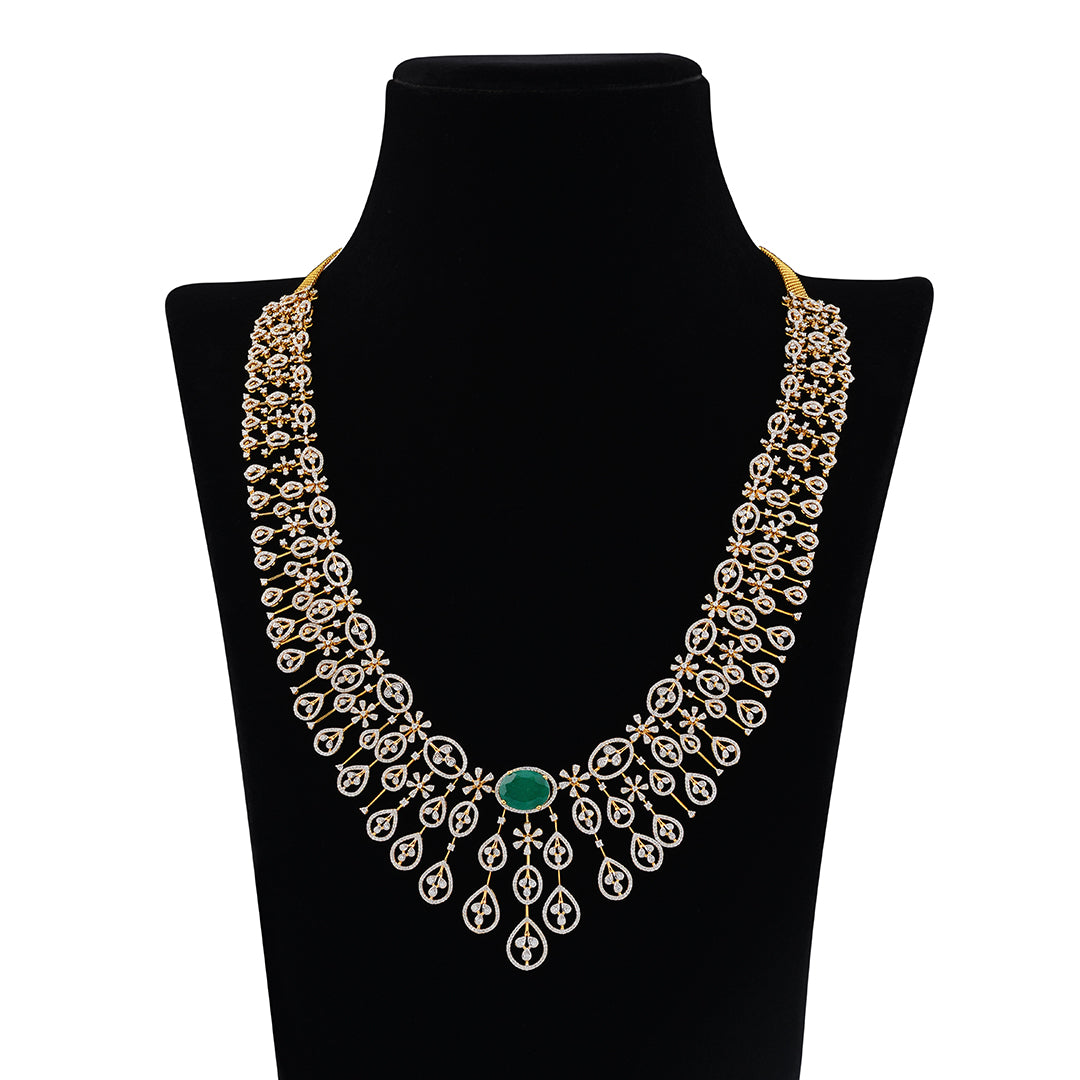 3 steps Diamond Long haram necklace - Krishna Jewellers Pearls and Gems
