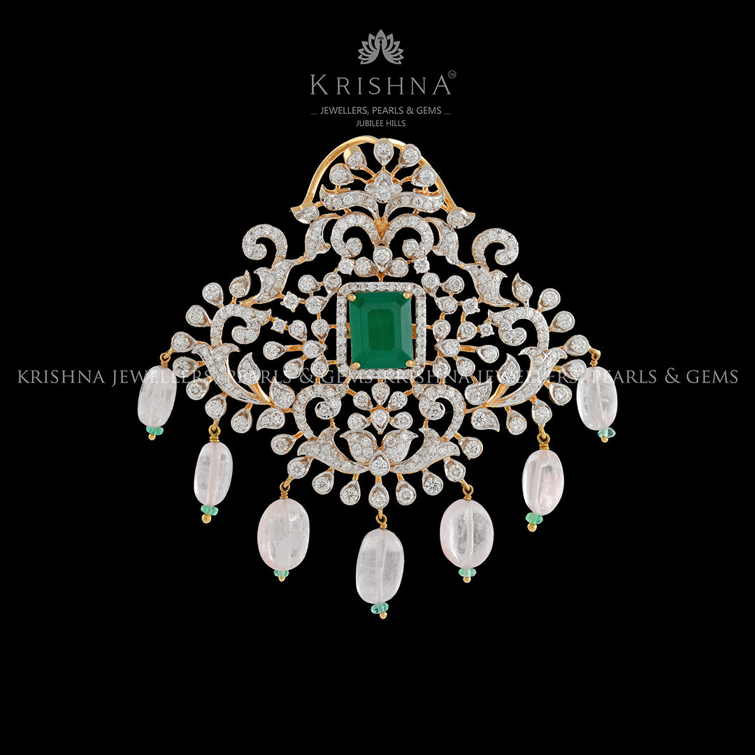 Diamond Pendant with Morganite Beads - Krishna Jewellers Pearls and Gems