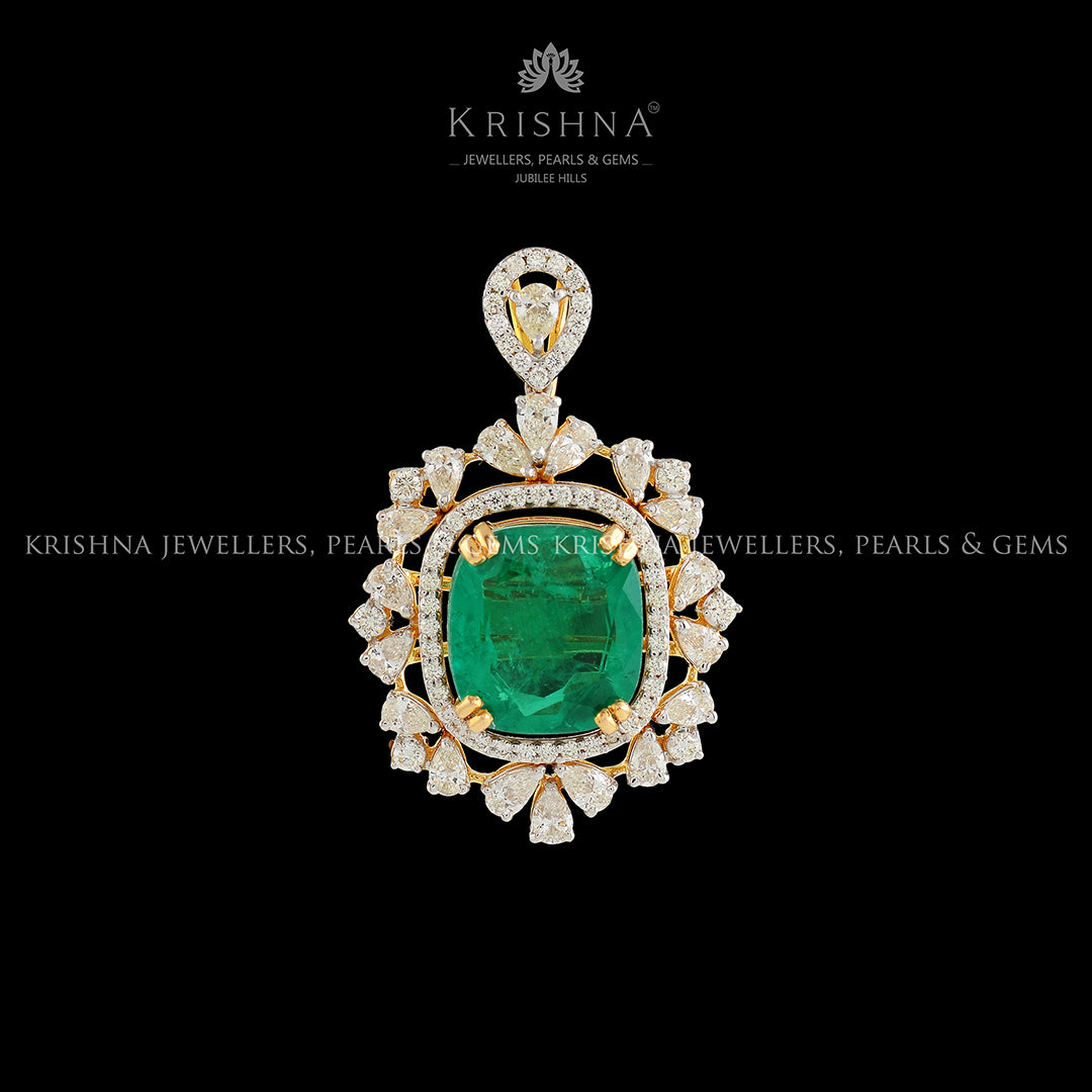 Diamond Emerald Pendant - Krishna Jewellers Pearls and Gems