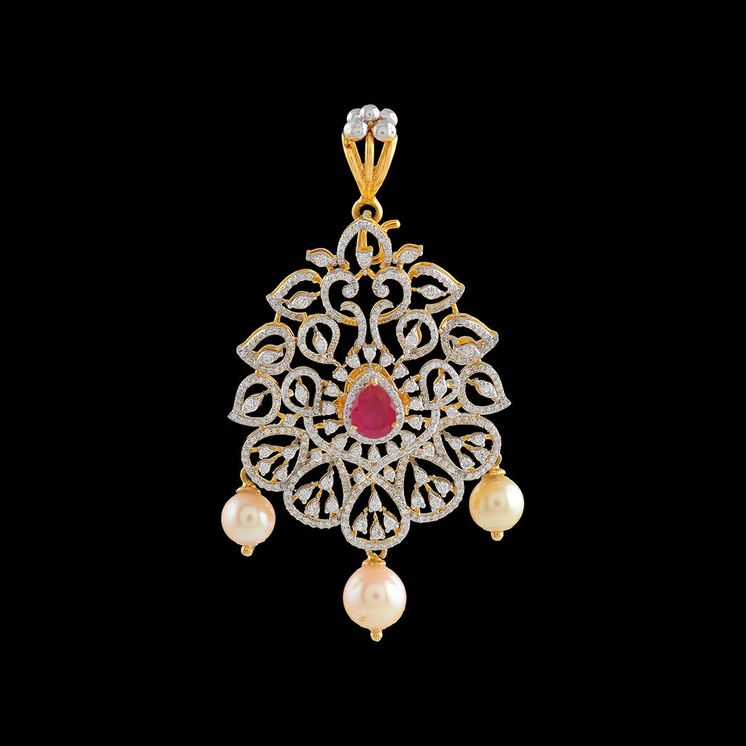 Floral Diamond Pendant With Pearls Drops - Krishna Jewellers Pearls and Gems