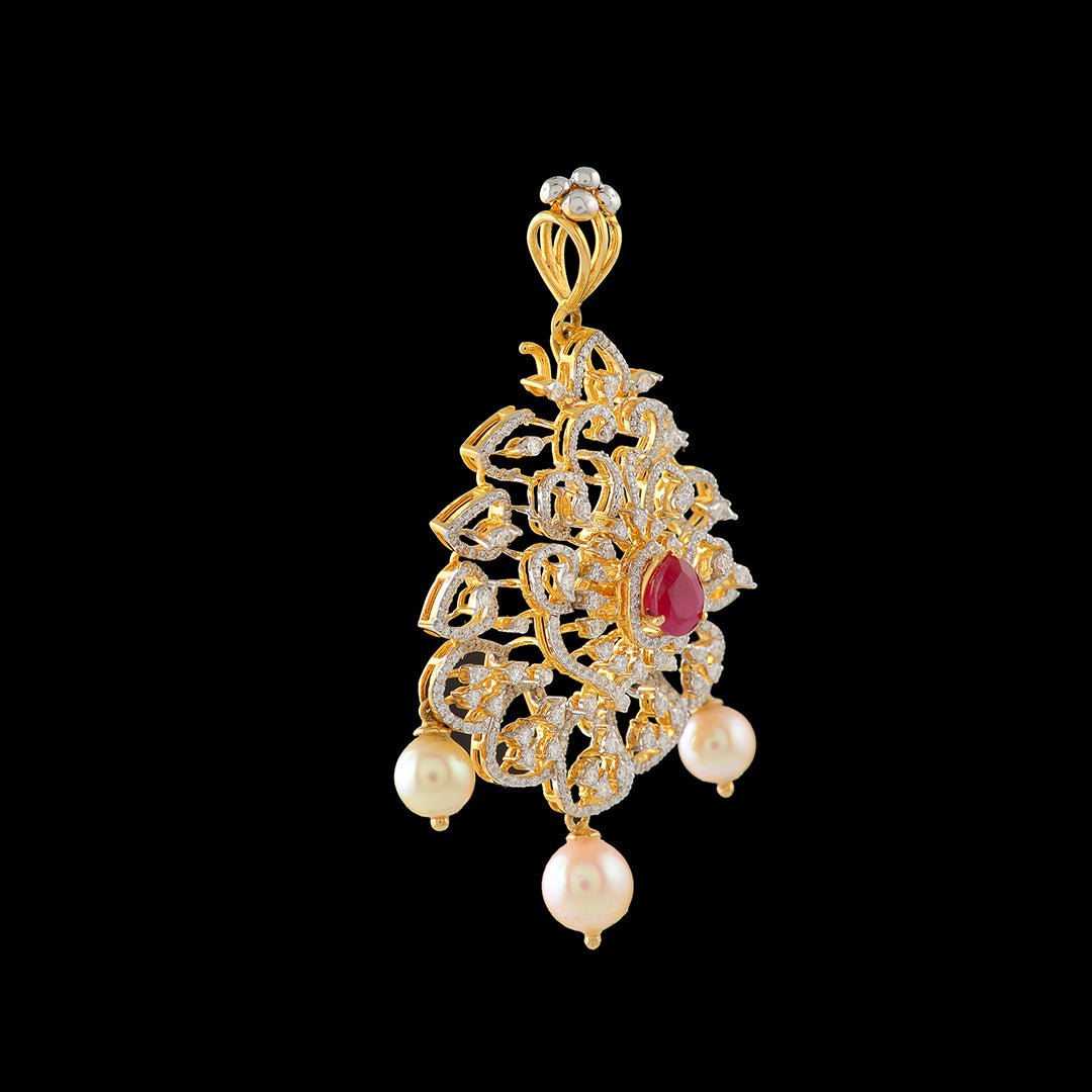 Floral Diamond Pendant With Pearls Drops - Krishna Jewellers Pearls and Gems