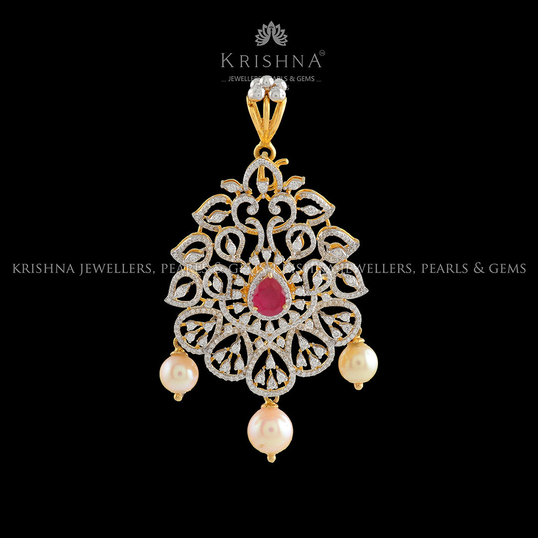 Floral Diamond Pendant With Pearls Drops - Krishna Jewellers Pearls and Gems