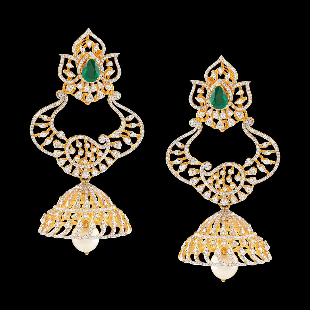 Diamond Jhumka Earrings in Mango Design - Krishna Jewellers Pearls and Gems
