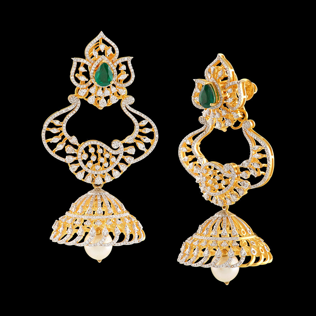Diamond Jhumka Earrings in Mango Design - Krishna Jewellers Pearls and Gems