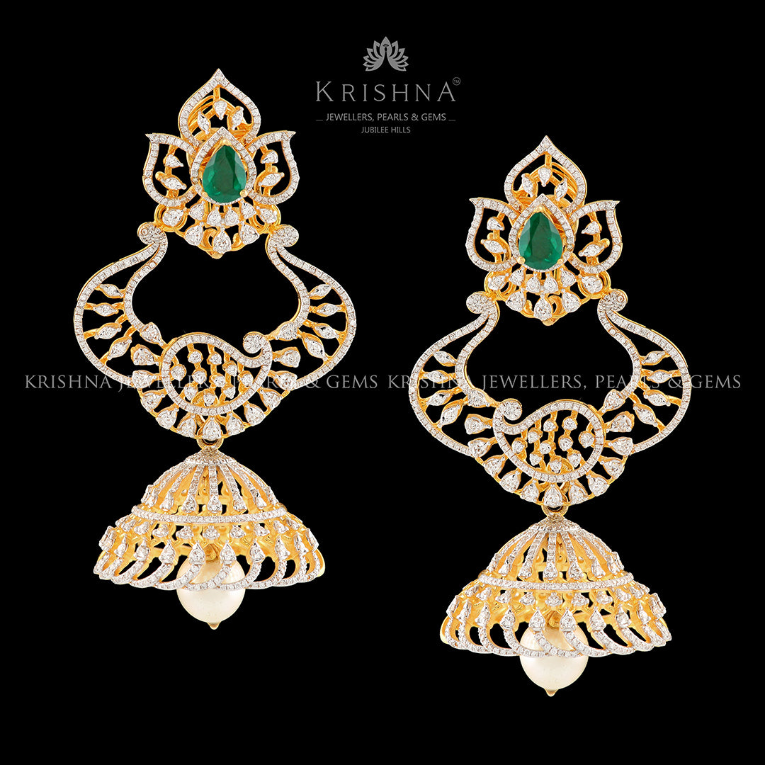 Diamond Jhumka Earrings in Mango Design - Krishna Jewellers Pearls and Gems