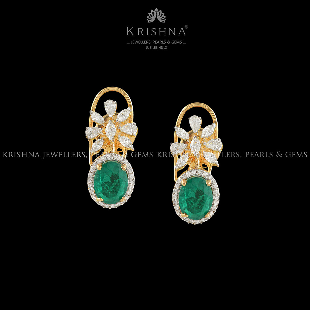 Flower and Leaf Motif Diamond Earrings - Krishna Jewellers Pearls and Gems