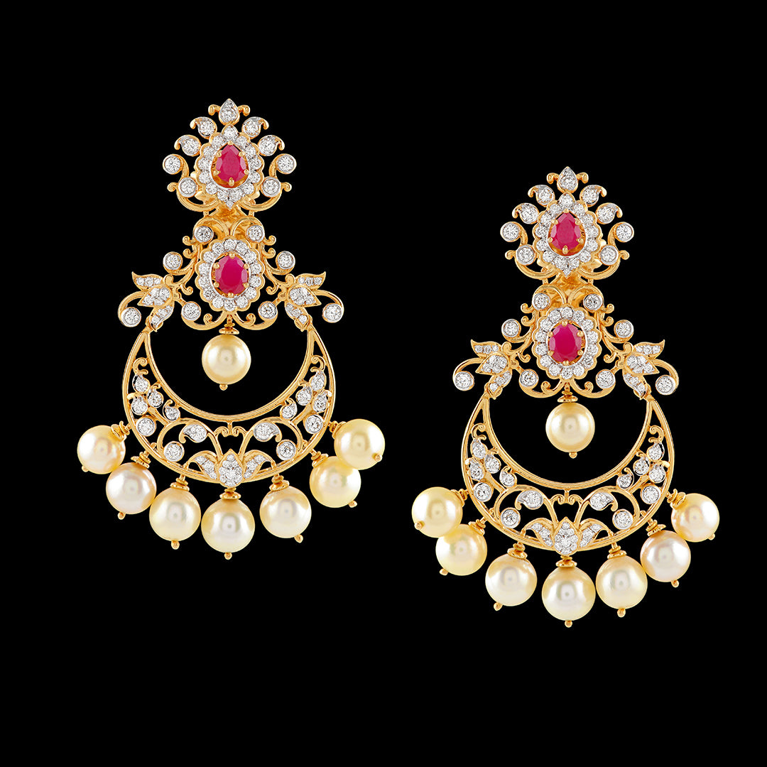 Diamond Chandbali Earrings With Cultured Pearls - Krishna Jewellers Pearls and Gems