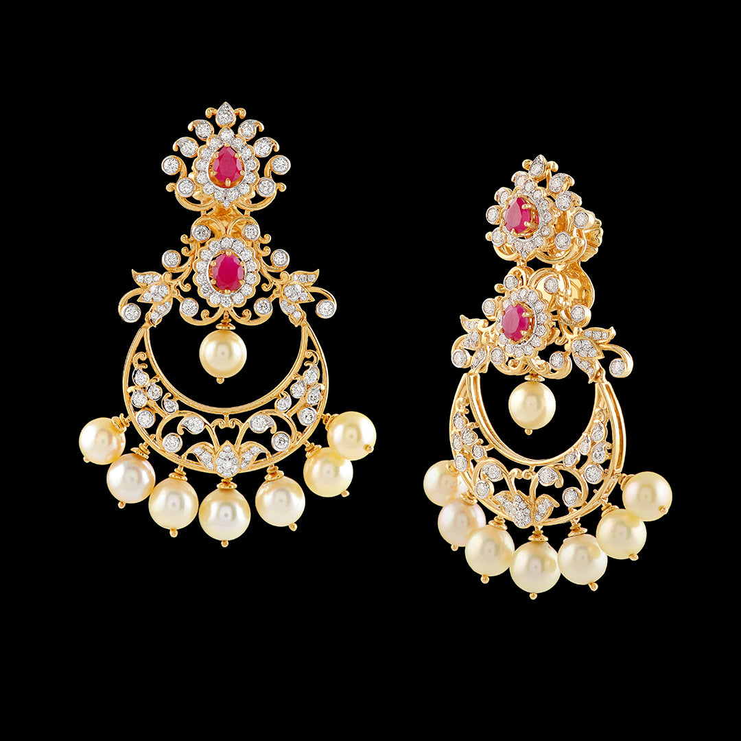 Diamond Chandbali Earrings With Cultured Pearls - Krishna Jewellers Pearls and Gems