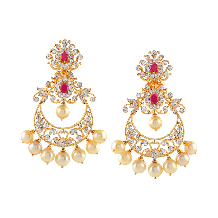 Diamond Chandbali Earrings With Cultured Pearls - Krishna Jewellers Pearls and Gems